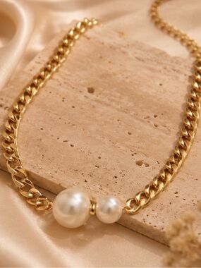 Gold Tone Chunky Chain Pearl Necklace Double Pearl Statement Jewelry